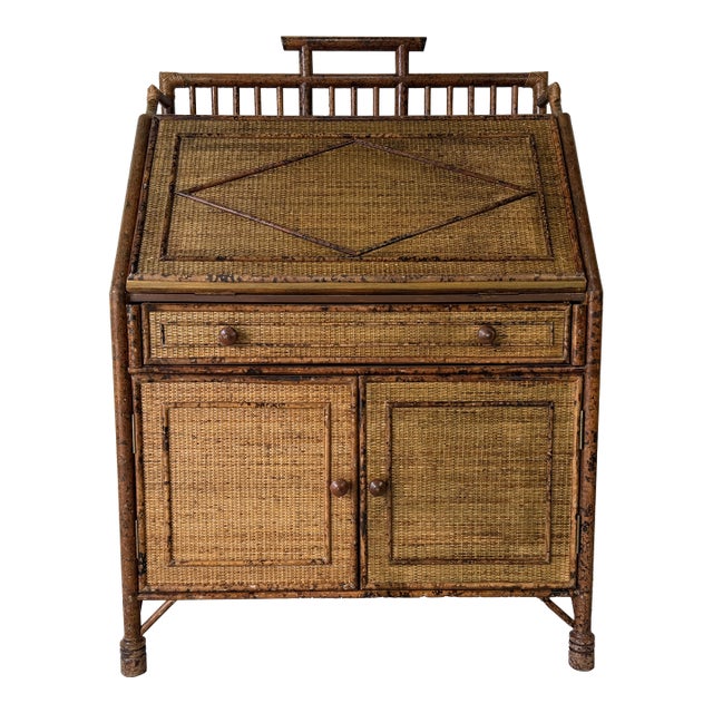 1970’s Vintage Burnt Bamboo & Woven Rattan Drop Front Secretary Desk ...