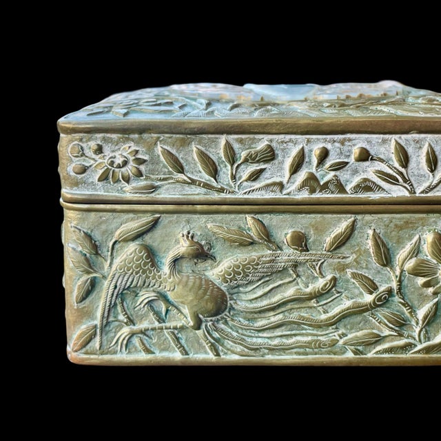 Silver Antique Chinese Incised Brass Box With Carved Jade Inset For Sale - Image 8 of 11