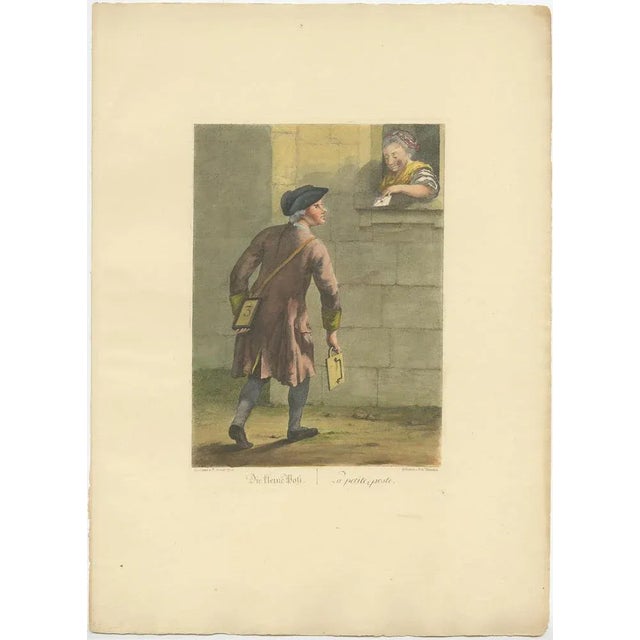Antique print titled 'Die kleine Post - La petite Poste'. Old profession print depicting a courrier. This print originates...