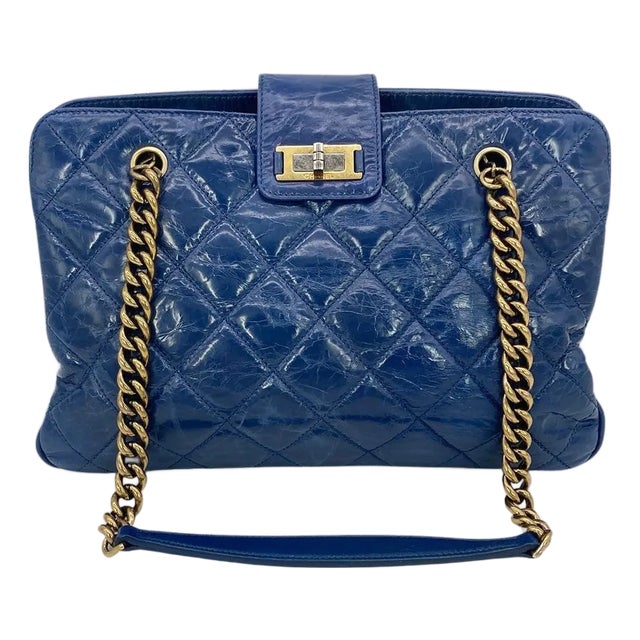 Chanel Blue Glazed Calfskin Quilted Tote Bag For Sale