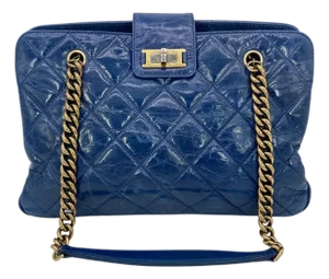 Chanel Blue Glazed Calfskin Quilted Tote Bag