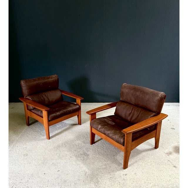 Mid-Century Modern Mid-Century Modern Lounge Chairs in Leather and Teak, 1960s, Set of 2 For Sale - Image 3 of 18