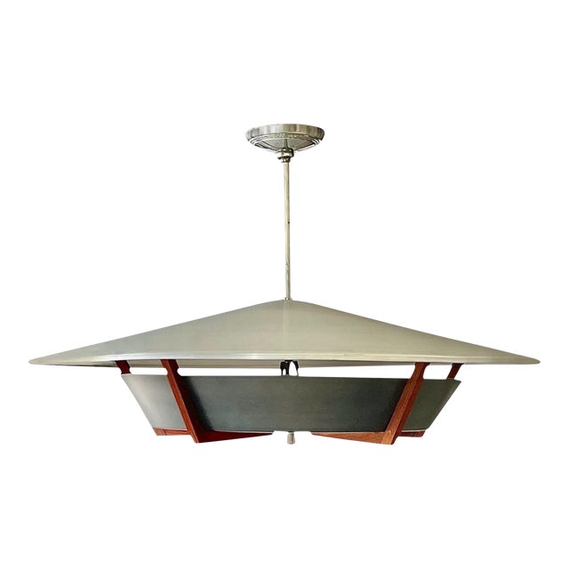Large Mid-Century Modern Pendant Light in Walnut, Spun Aluminum, and Blackened Aluminum For Sale