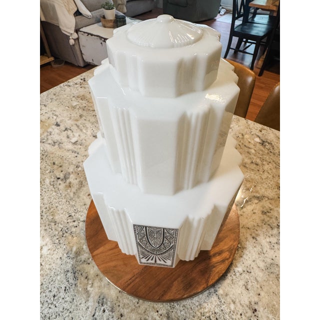 Art Deco Rare 1930s Art Deco Skyscraper Milk Glass Pendant Light For Sale - Image 3 of 10