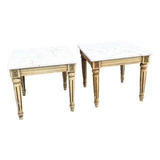 Neoclassical Portuguese Marble Top Wooden Side Tables - A Pair For Sale