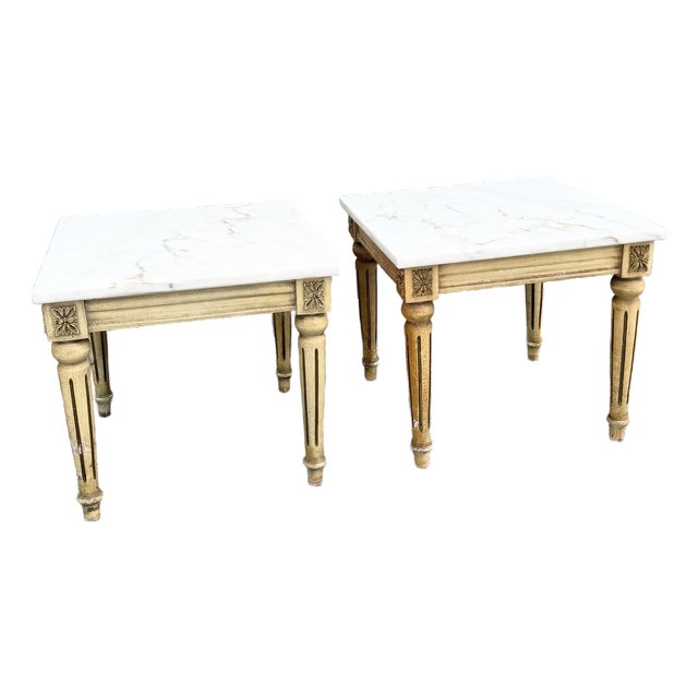 Neoclassical Portuguese Marble Top Wooden Side Tables - A Pair For Sale