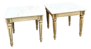 Neoclassical Portuguese Marble Top Wooden Side Tables - A Pair