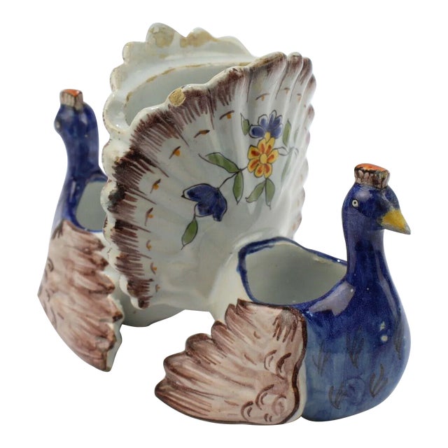 Antique Figural French Faience Pottery Peacocks Double Salt Cellar For Sale