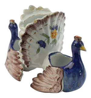 Antique Figural French Faience Pottery Peacocks Double Salt Cellar