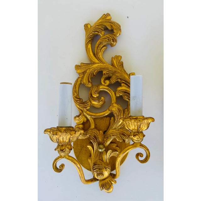 Original Retail $1760, elegant Italian Small Carved Wood Gold Wall Sconces, showroom floor samples