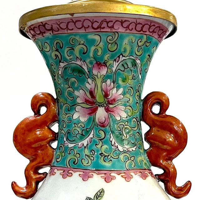 Chinoiserie 1920s Chinese Famille Rose Porcelain Vase Table Lamp - Newly Rewired - Shade Included For Sale - Image 3 of 12