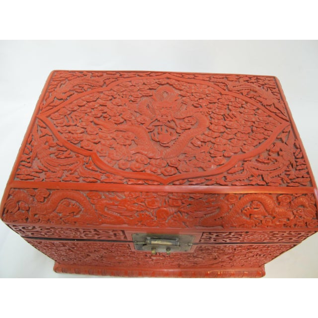 Red Large Chinese Cinnabar Lacquer Heavily Carved Dragon Motif Wood Box Chest For Sale - Image 8 of 16