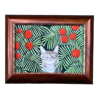 Contemporary Original Judy Henn Small Print of Cat in Foliage Framed For Sale