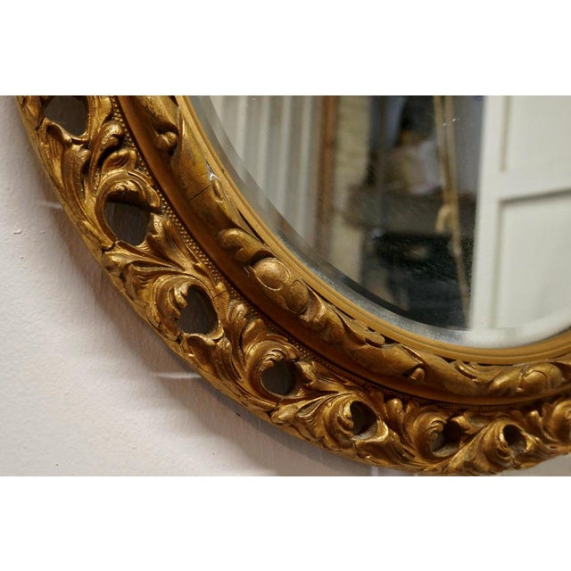 Carved Bevelled Gilt Round Wall Mirror, 1920 For Sale - Image 4 of 6