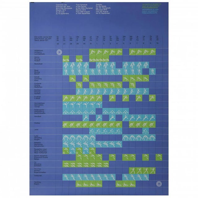 Mid-Century Modern Otl Aicher 1972 Munich Olympics: Sports Schedule Framed Poster 1968 –1972 For Sale - Image 3 of 5