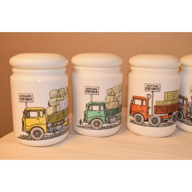 Mid-Century Modern Set of Piero Fornasetti Opaque White Glass Jars and Covers made for Fiat, Circa 1960. For Sale - Image 3 of 11