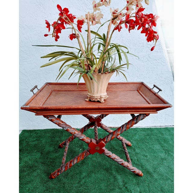 Baker Furniture Company Vintage Large Wicker Carved Leaf Wood Removable Tray Table Top Coffee Table For Sale - Image 4 of 7