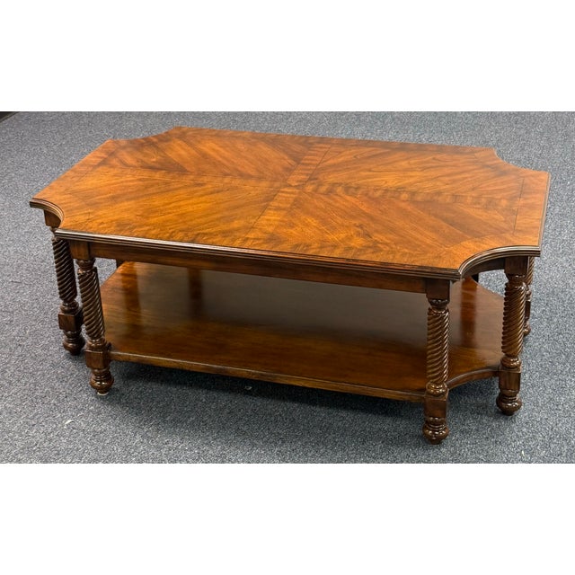 Spectacular British colonial coffee table by Thomasville features a striking banded walnut top with 8 robustly carved...