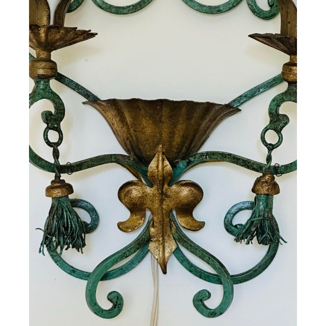Single 2 Bulb Tole Toleware Italian Gilt and Verdigris Sconce , Italy For Sale - Image 4 of 11