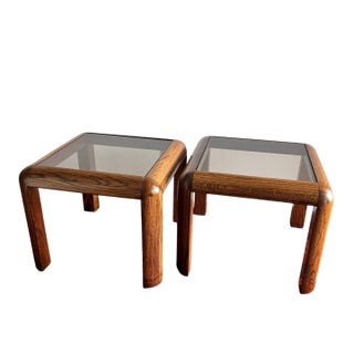 1970s Mid Century Oak & Tinted Glass Side Tables With Rounded Corners - A Pair For Sale