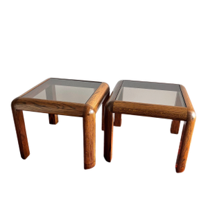 1970s Mid Century Oak & Tinted Glass Side Tables With Rounded Corners - A Pair