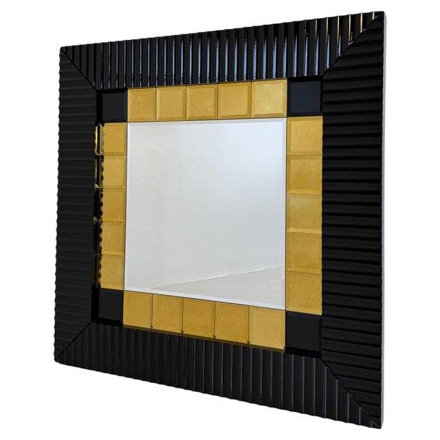 Italian Vintage Wall Mirror with Black Lacquered Frame and Gold Square Inserts, 1980s For Sale - Image 14 of 14