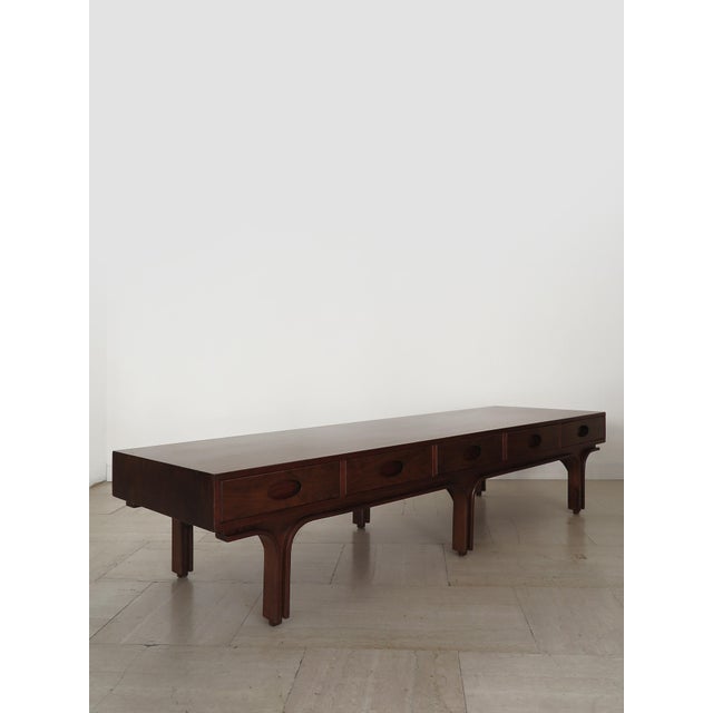 Italian midcentury modern design walnut console coffe table o sofa table with five drawers designed by Gianfranco Frattini...