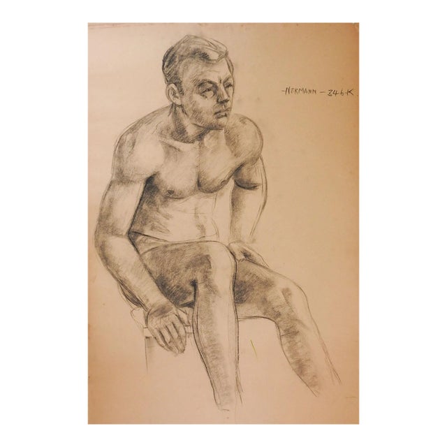 Vintage 1950s Charles Normann Male Charcoal Drawing For Sale