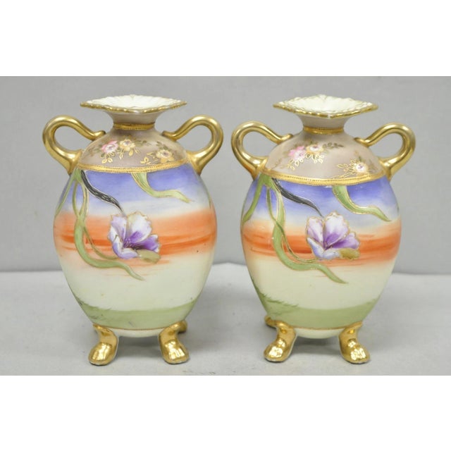 Antique Nippon Moriage Hand Painted Porcelain Purple Iris & Gold Gilt Vase Pair For Sale - Image 11 of 18