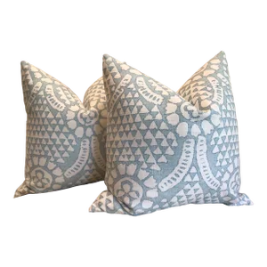 Contemporary Thibaut Down-Filled “Chamomile” in Spa Blue Pillows - a Pair