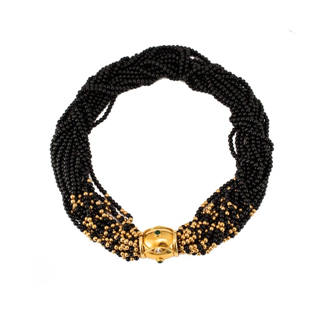 Early 21st Century Vintage 14k Yellow Gold Emerald Diamond Multi Strand Onyx Bead Pendant Necklace For Sale - Image 5 of 8