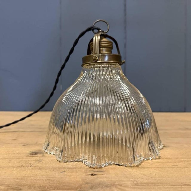 Small Pressed Glass Pendant Lamp with Brass Fixture from Holophane, 1930s For Sale - Image 13 of 17