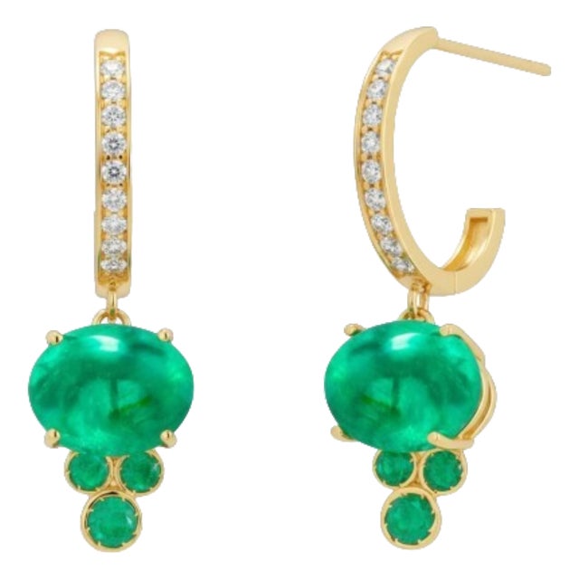 14k Yellow Gold Hoop Drop Earrings With Cabochon Emeralds & Diamonds, A Pair For Sale