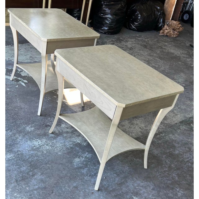 Vintage custom made lacquered end tables in Rental Brown and Clennell Styleparchemnt colored lacquer. Each table has a...