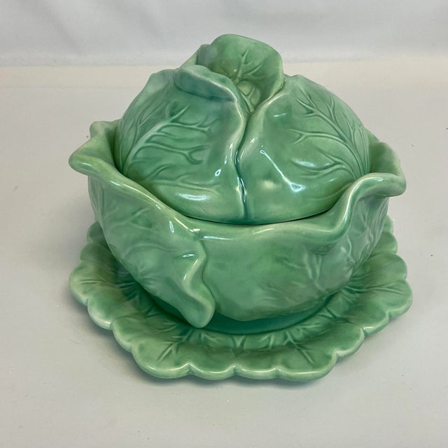 Mid 20th Century Mid-Century Folk Art Trompe L’Oeil Cabbage Lidded Tureen With Under Plate - 2 Piece Set. For Sale - Image 5 of 10