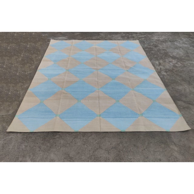 Handmade Cotton Area Rug Natural Vegetable Dyed Reversible Beige Blue Tile Pattern Rug - 8'x10' For Sale - Image 11 of 11
