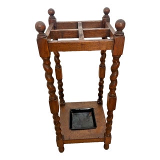 Antique English Jacobean Revival Umbrella and Cane Stand Solid Oak Barley Twist For Sale