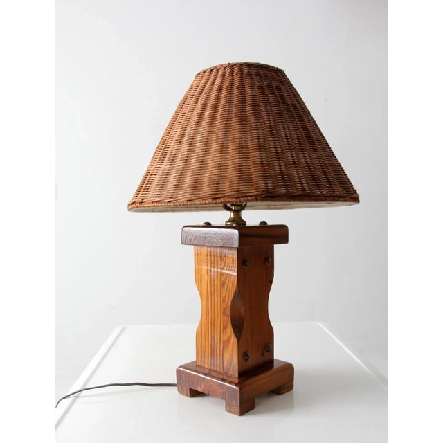 Mid 20th Century Vintage Wooden Lamp With Wicker Shade For Sale - Image 5 of 9
