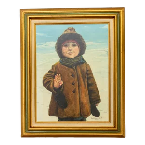 Oil Portrait Painting of a Child in the Snow | Signed and Framed
