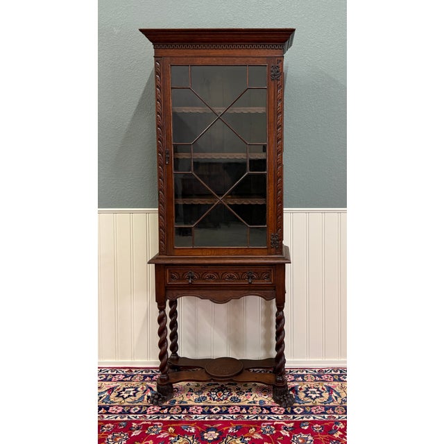 Jacobean Antique English Oak Jacobean Revival Bookcase Barley Twist Display Cabinet C1890 For Sale - Image 3 of 17