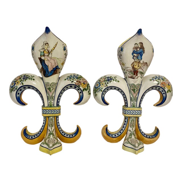 Antique Large Pair of French Hb Quimper Fleur De Lys Vases For Sale