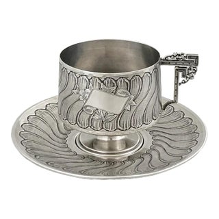French First Standard (950/1000) Solid Silver Cup and Saucer With Guilloche, Savard, Paris, Circa 1905 For Sale