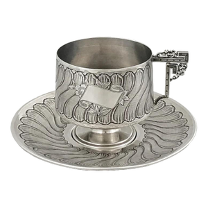 French First Standard (950/1000) Solid Silver Cup and Saucer With Guilloche, Savard, Paris, Circa 1905