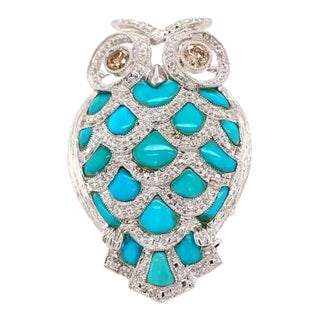 Champagne Diamond Turquoise 18k White Gold Owl Pendant Brooch For Sale
