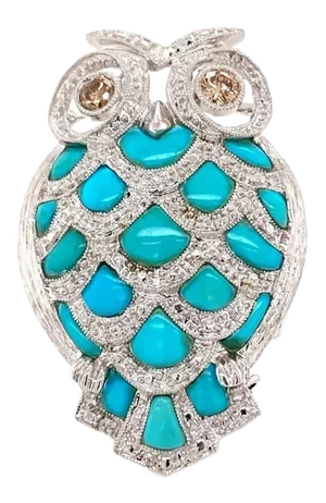 Champagne Diamond Turquoise 18k White Gold Owl Pendant Brooch