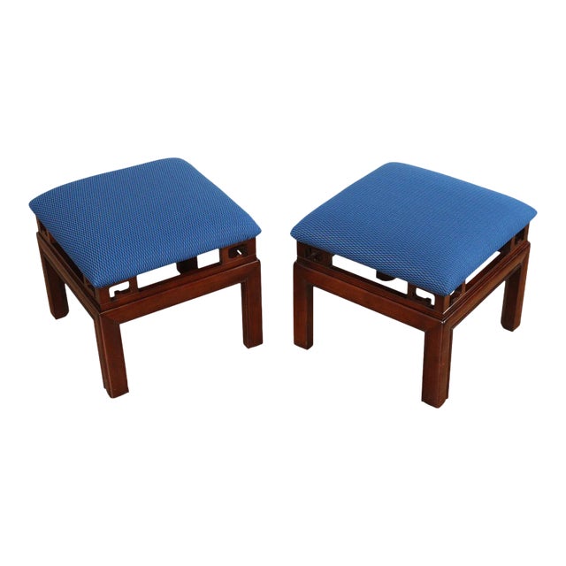 1980s Asian Inspired Carved Mahogany Upholstered Stools - A Pair For Sale