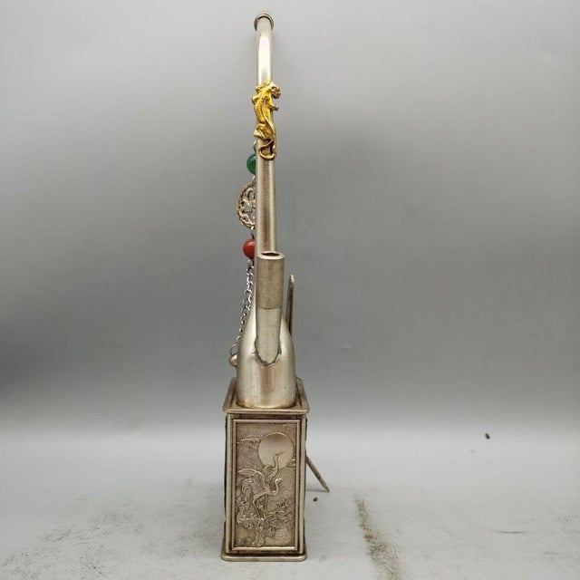 Metal Vintage Chinese Brass Water Pipe / Tobacco Pipe With Figural Relief & Chain For Sale - Image 7 of 9