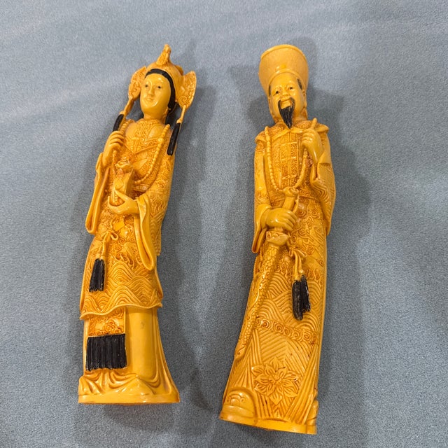 These are vintage Chinese-style Emperor and Empress figurines made of a resin material designed to imitate carved...