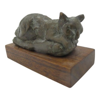 Small Bronze Lounging House Cat Kitty Sculpture on Wood Base For Sale