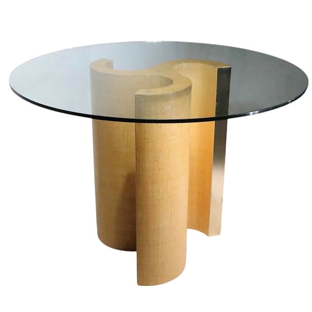 Mid-Century Modern Post Modern Hollywood Regency Grass Cloth Brass and Glass Dining Table C 1970/80's For Sale - Image 3 of 12